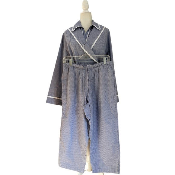 Lanz of Salzburg Pajama Set with Robe Seersucker Blue White Check Lace Trim - Picture 1 of 15